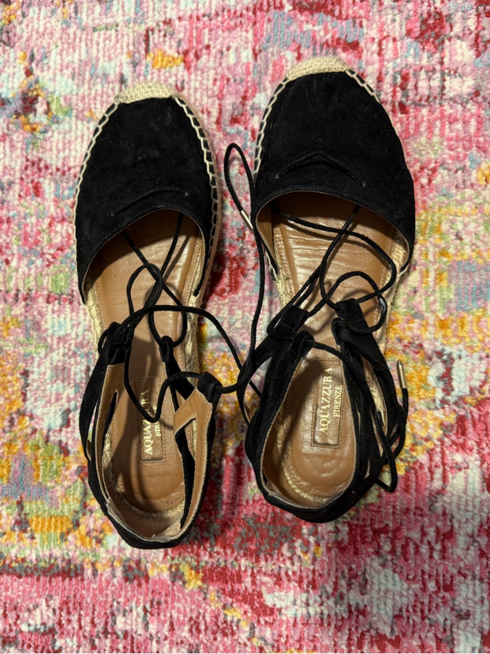Aquazzura Black Suede Lace-Up Espadrille Flats